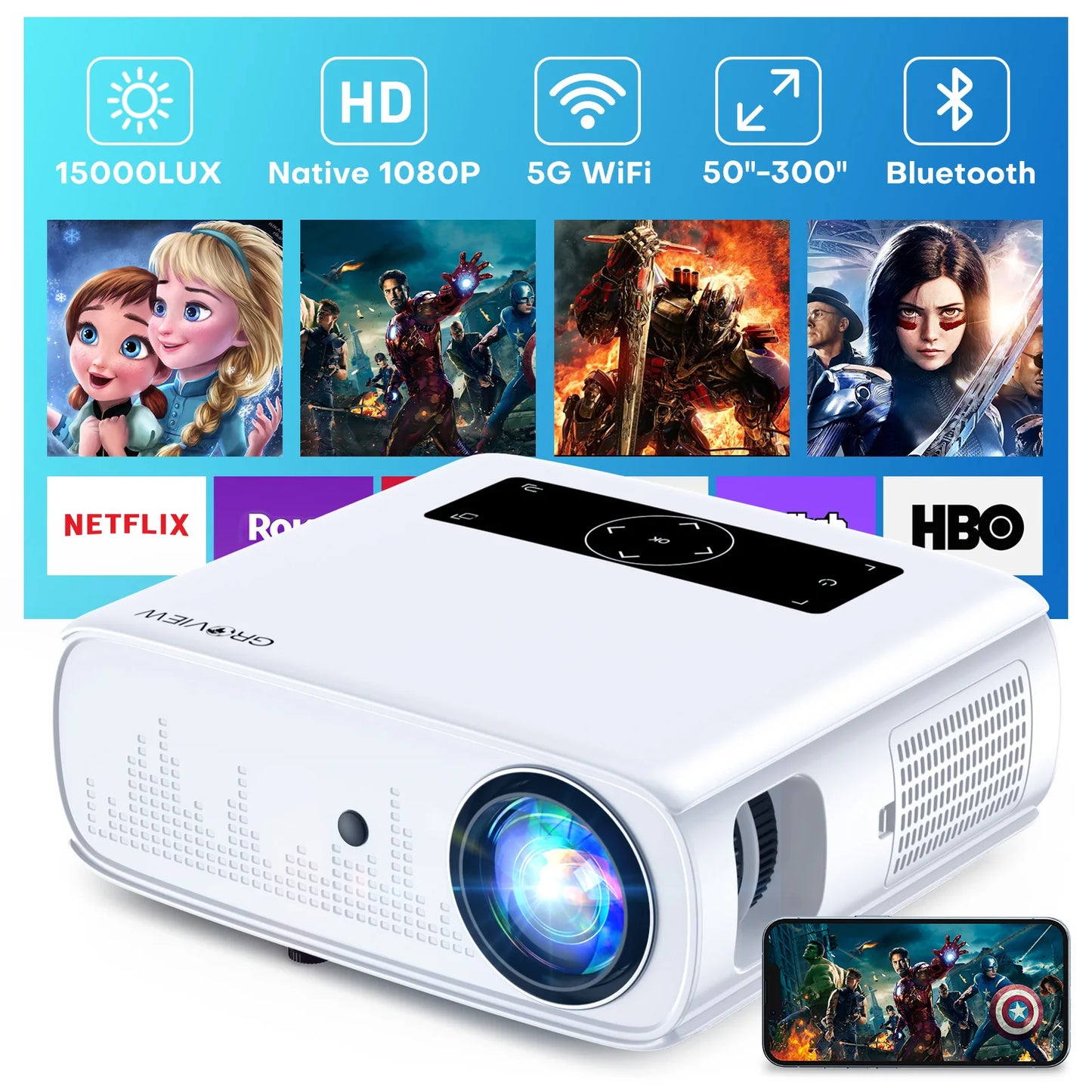 Video Projector Full HD 1080P ,15000 Lux, 490 ANSI, WiFi/Bluetooth, 300'' Screen, 4K Support, Zoom, 5G Sync, HDMI/USB/AV/Smartphone