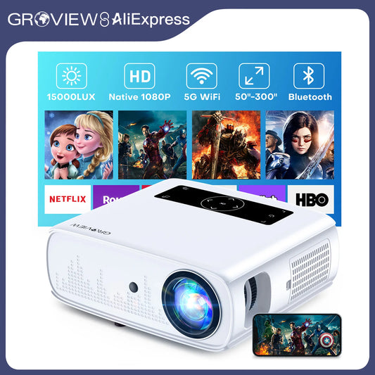 Video Projector Full HD 1080P ,15000 Lux, 490 ANSI, WiFi/Bluetooth, 300'' Screen, 4K Support, Zoom, 5G Sync, HDMI/USB/AV/Smartphone